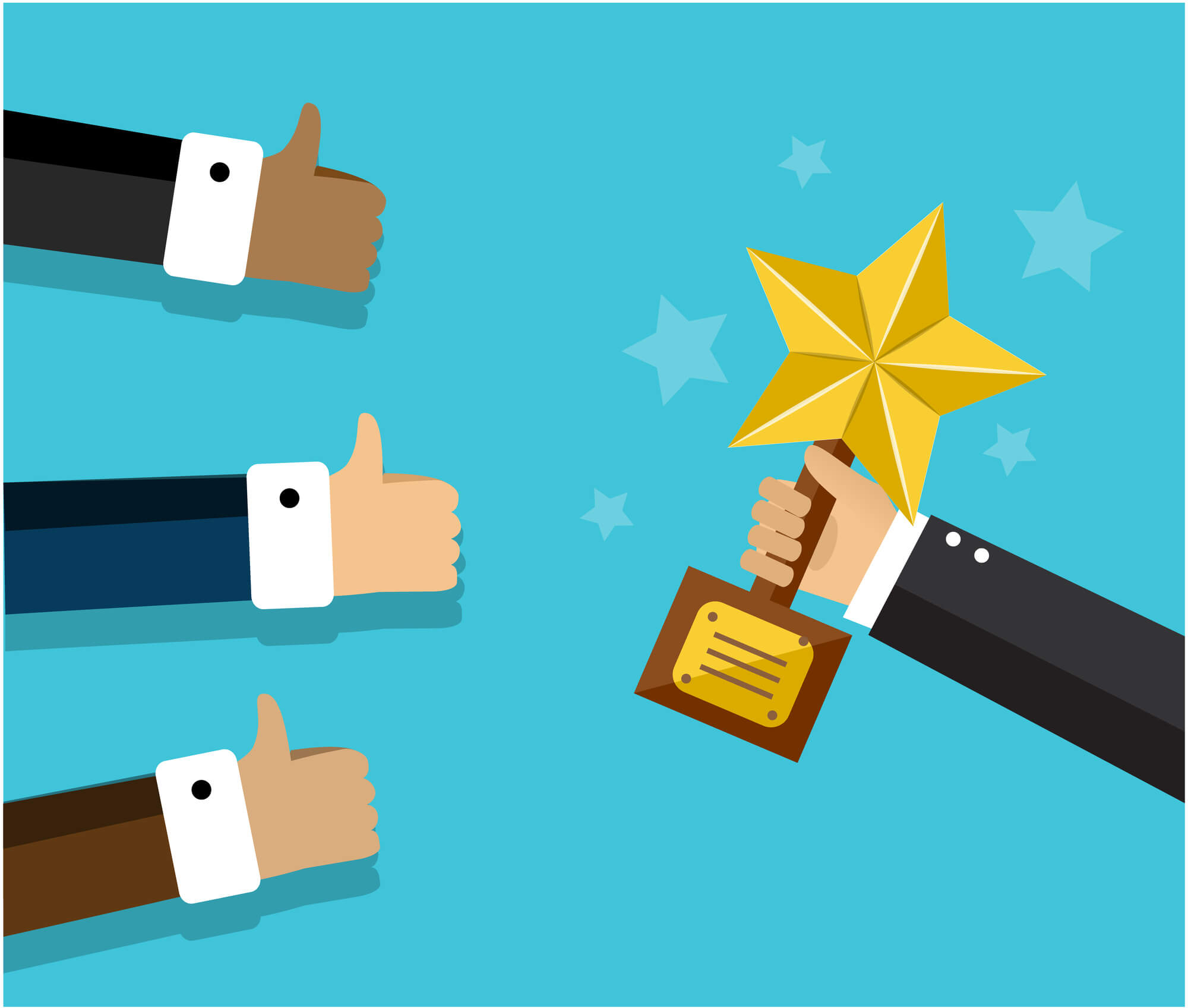 hand holds reward and other hands express approving gestures